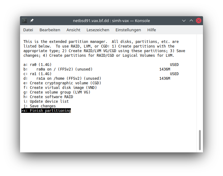 NetBSD Partition menu